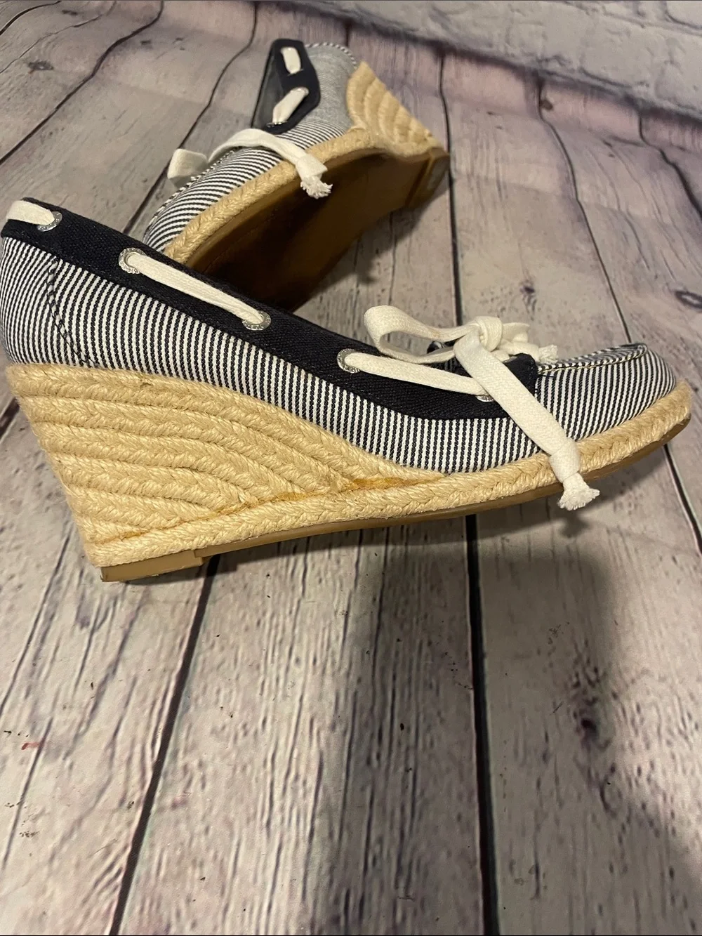 Sperry Black & White Striped Espadrille Wedge Boat Shoes - Women
